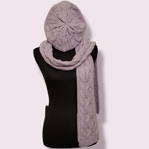 Knitted Scarf and Baret Beanie Lavender - Picture 1 of 8